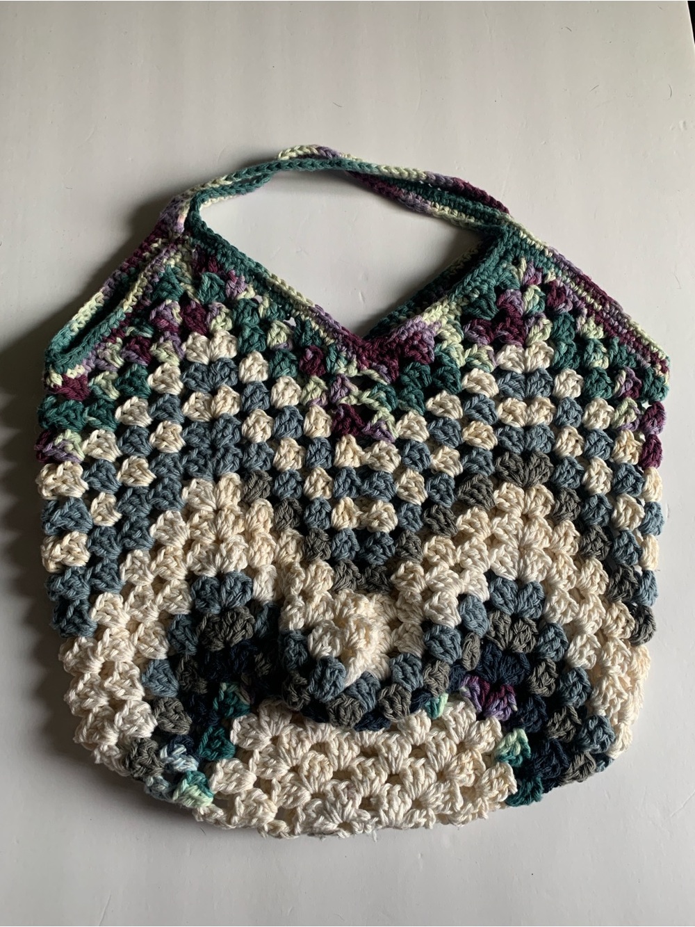 Crochet Shoulder Bag in Cream, Teal, Gray and Purple